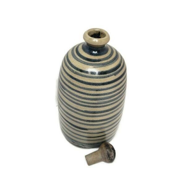 Handcrafted Ceramic Striped Bottle With Stopper decorative pretty artisan - Picture 5 of 5